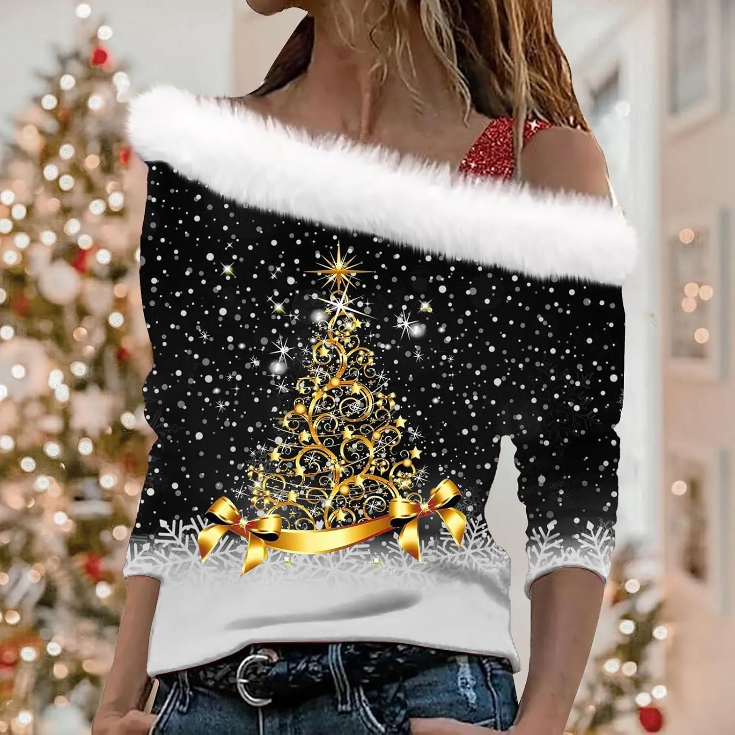 Off the Shoulder Christmas Sweatshirt for Women Funny Faux Fur V Neck Snowflake Graphic Sweater Pullover Tops
