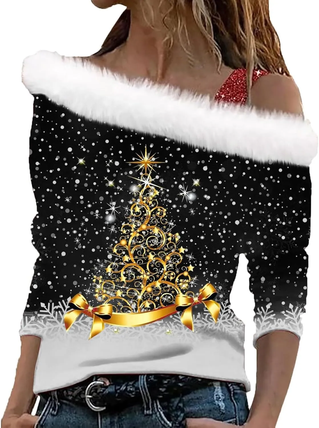 Off the Shoulder Christmas Sweatshirt for Women Funny Faux Fur V Neck Snowflake Graphic Sweater Pullover Tops