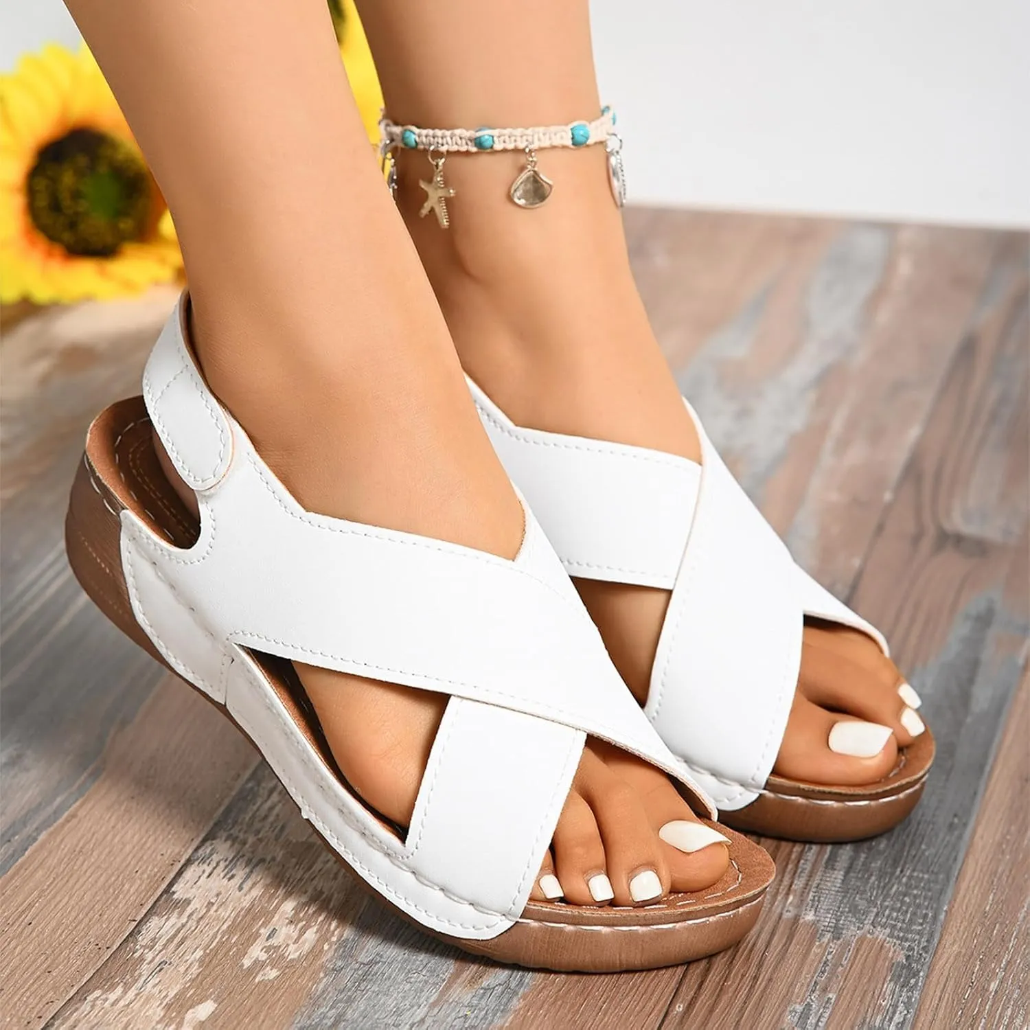 Orthopedic Sandals for Women Summer Arch Support Wedge Sandals, Fashion Cross Strap Open Toe Sandal Comfortable Ankle Strap Flat Casual Outdoor Slip On Slippers