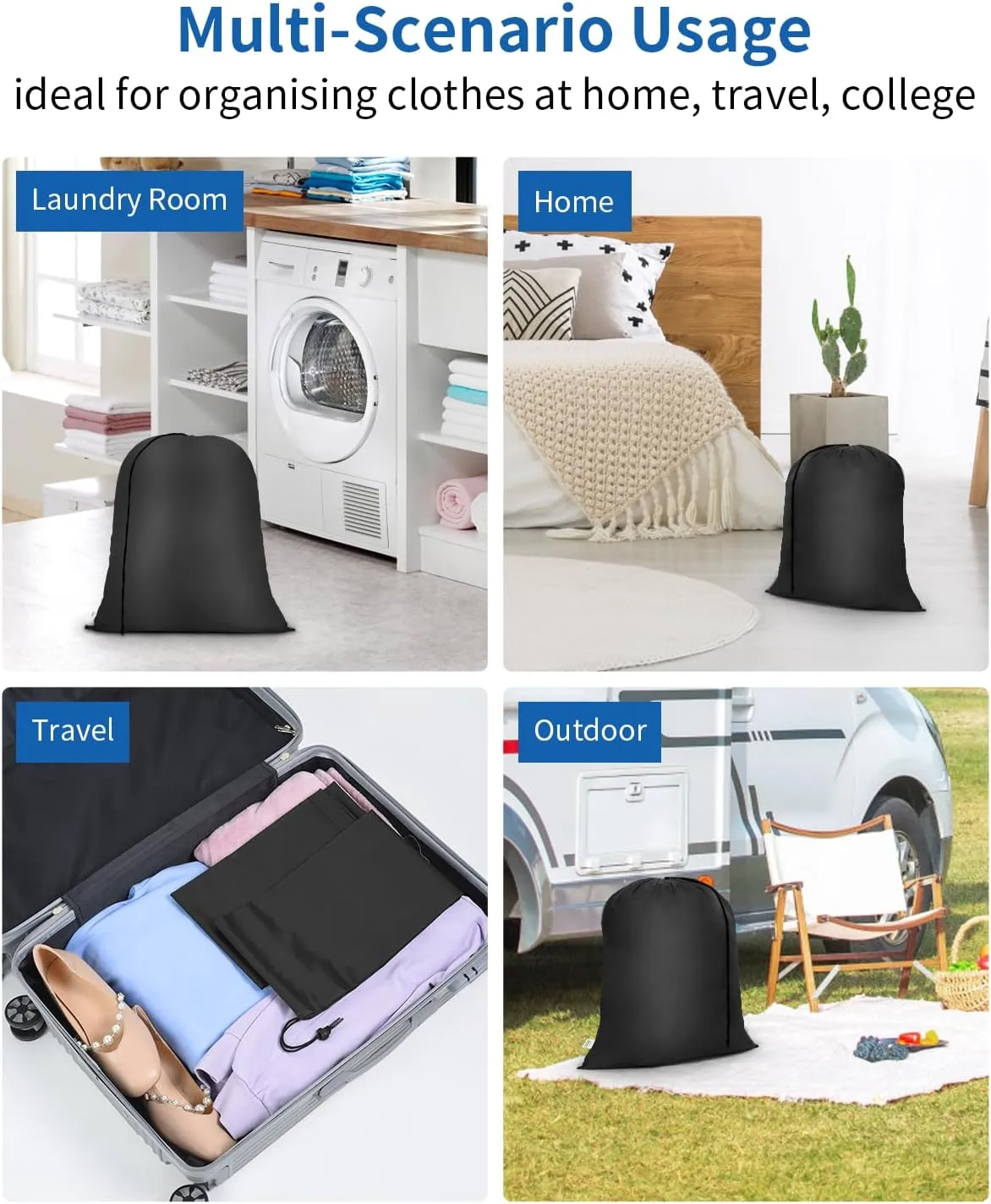 OTraki 2 Pack Laundry Bag Travel 16 x 20 Inch Drawstring Laundry Bag Dirty Clothes Sacks Washable Organizer Bag for Camp Home College Dorm Black