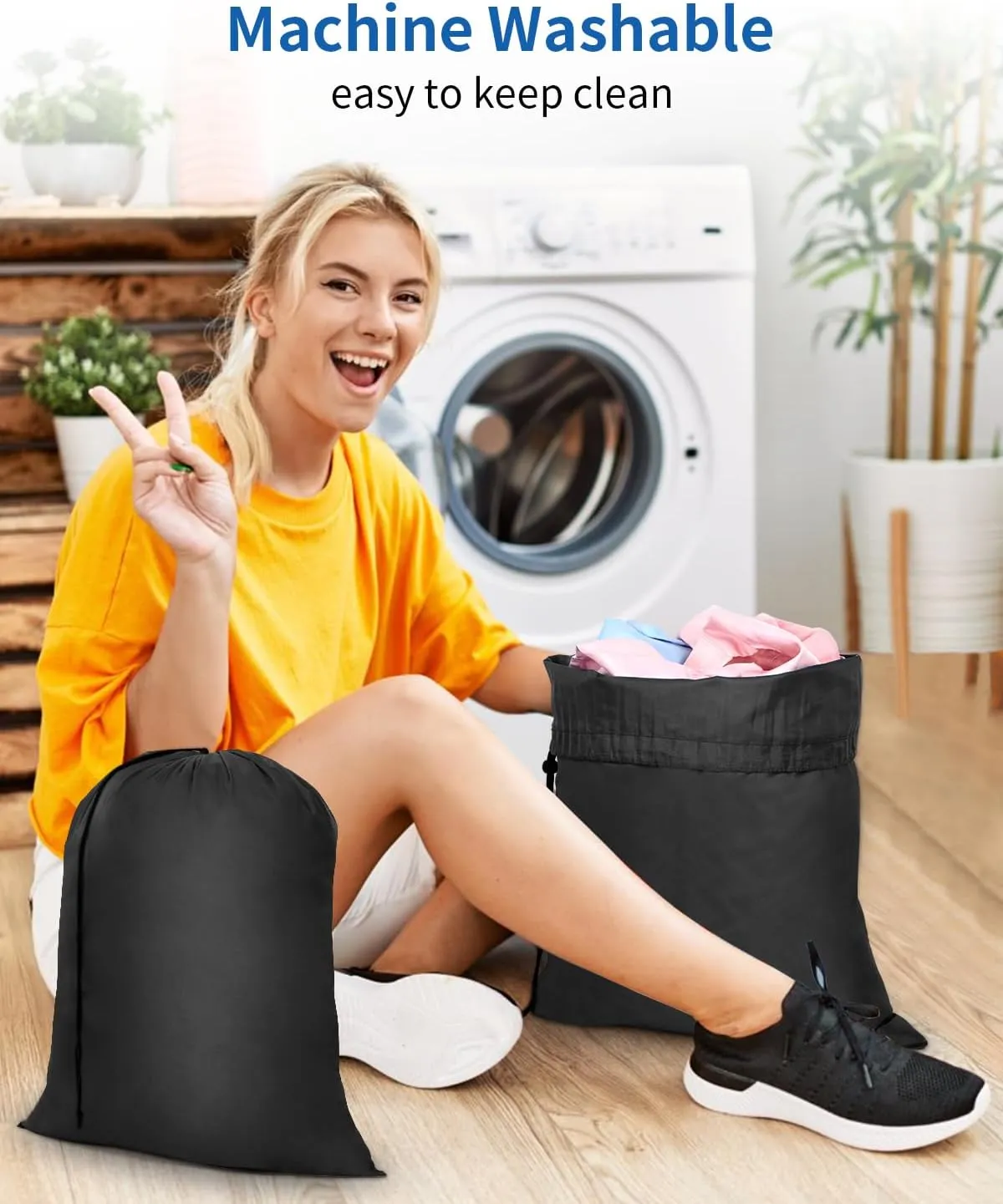 OTraki 2 Pack Laundry Bag Travel 16 x 20 Inch Drawstring Laundry Bag Dirty Clothes Sacks Washable Organizer Bag for Camp Home College Dorm Black