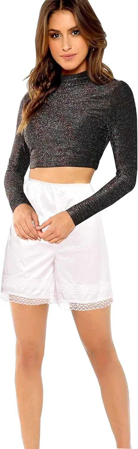 Patricia Lingerie Women's Soft Polyester Satin Half Slips Cullotte Short Pettipant with Elastic Waistband and Lace Trim