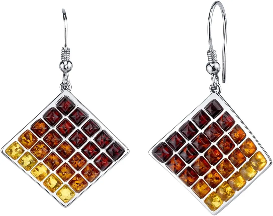 Peora Genuine Multicolor Baltic Amber Dangle Earrings in Sterling Silver, Designer Square Waffle Drops for Women, Fish Hooks, Real Baltic Amber Earrings for Adults, 100% Natural from Baltic Region