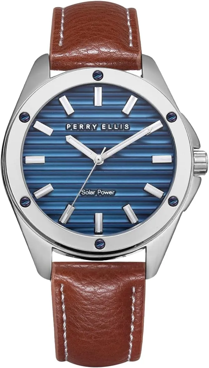 Perry Ellis Solar Powered Mens Watch | Vegan Leather Water-Resistant Analog Wrist Watches for Men | 42mm Case | Relojes para Hombres | Elegant Gift for Man