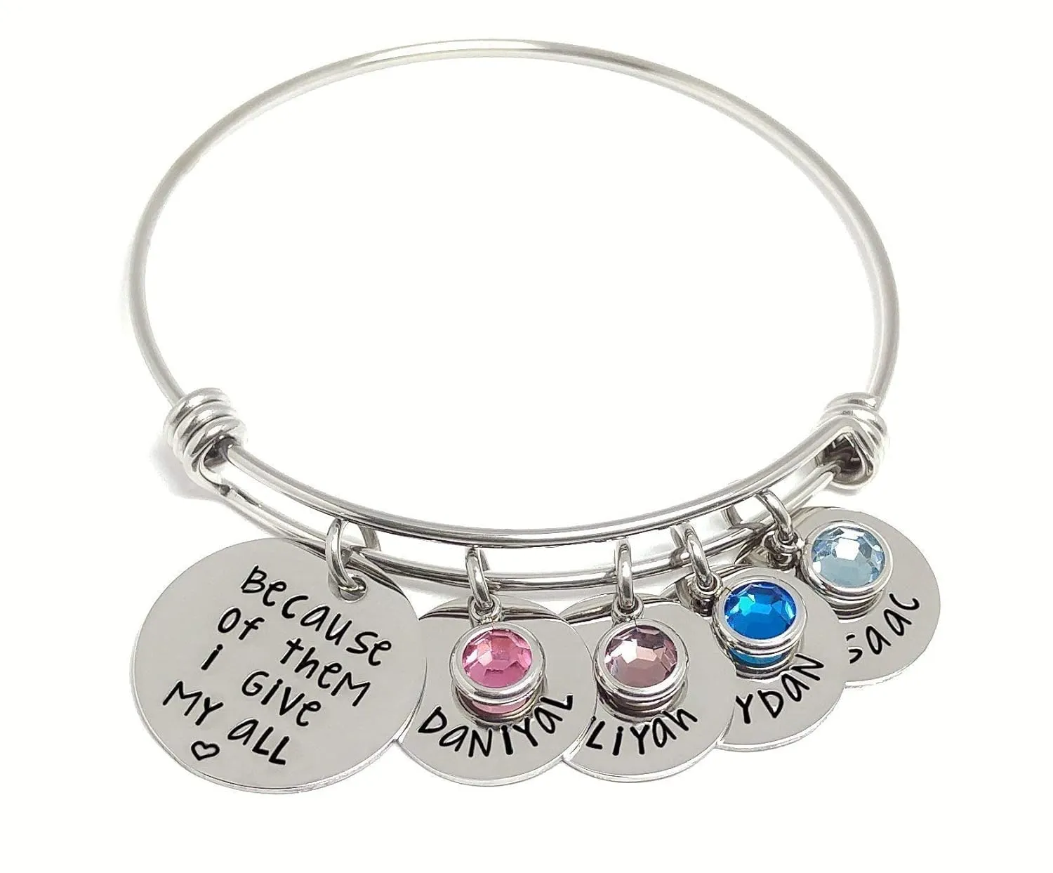 Personalized Charm Bangle Bracelet - Name And Birthstone