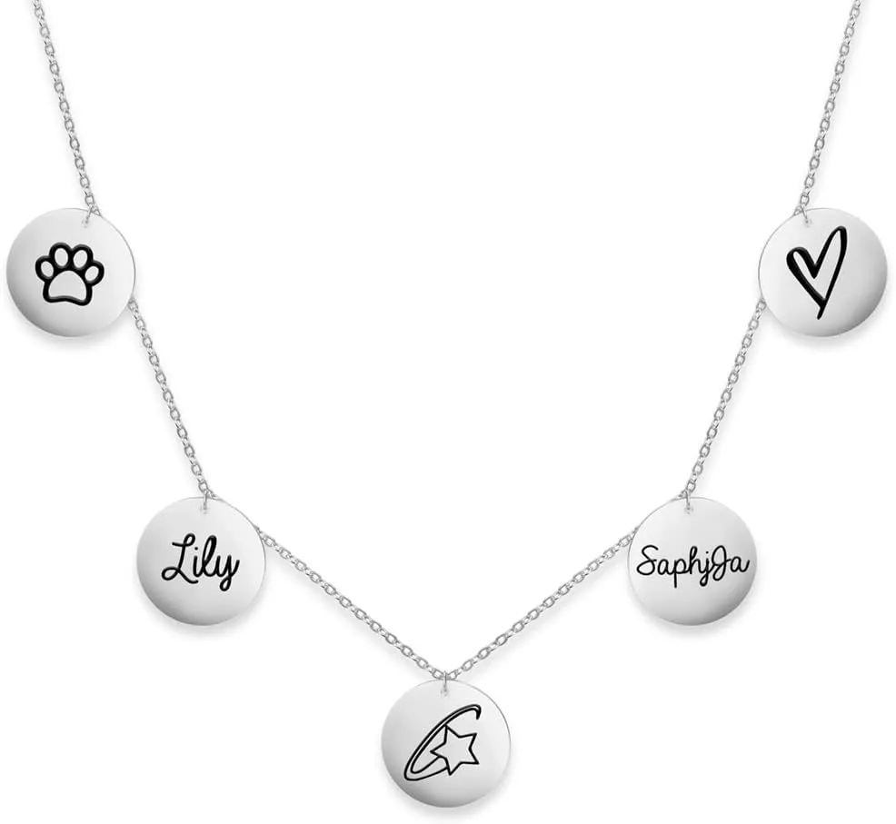 Personalized Discs Name Necklace Custom Engraved Necklace with Names Mom Daughter Disc Necklace with Paw Star Heart Symbol Stainless Steel Necklace with Name Icon Charms Gift For Women
