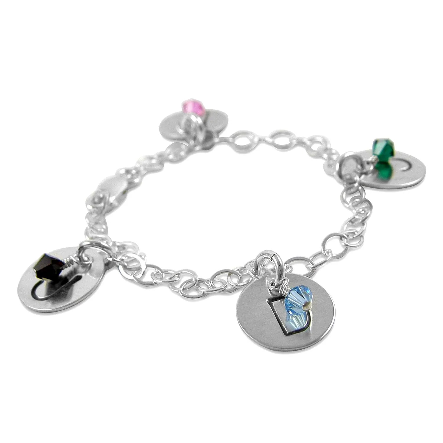 Personalized Name Charm Bracelet - Custom Hand Stamped Sterling Silver with Optional Birthstones