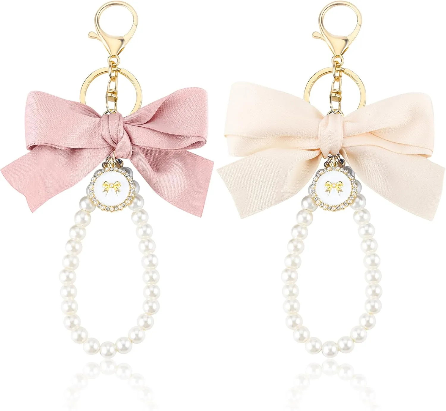 PLwelth 2Pcs Bow Keychain Pearl Keyring for Women Girls Cute Bow Pearl Wristlet Keychain Personalized Keyring for Car Backpack Purse Charms Accessories Gifts for Her Birthday Christmas(Pink and Beige)