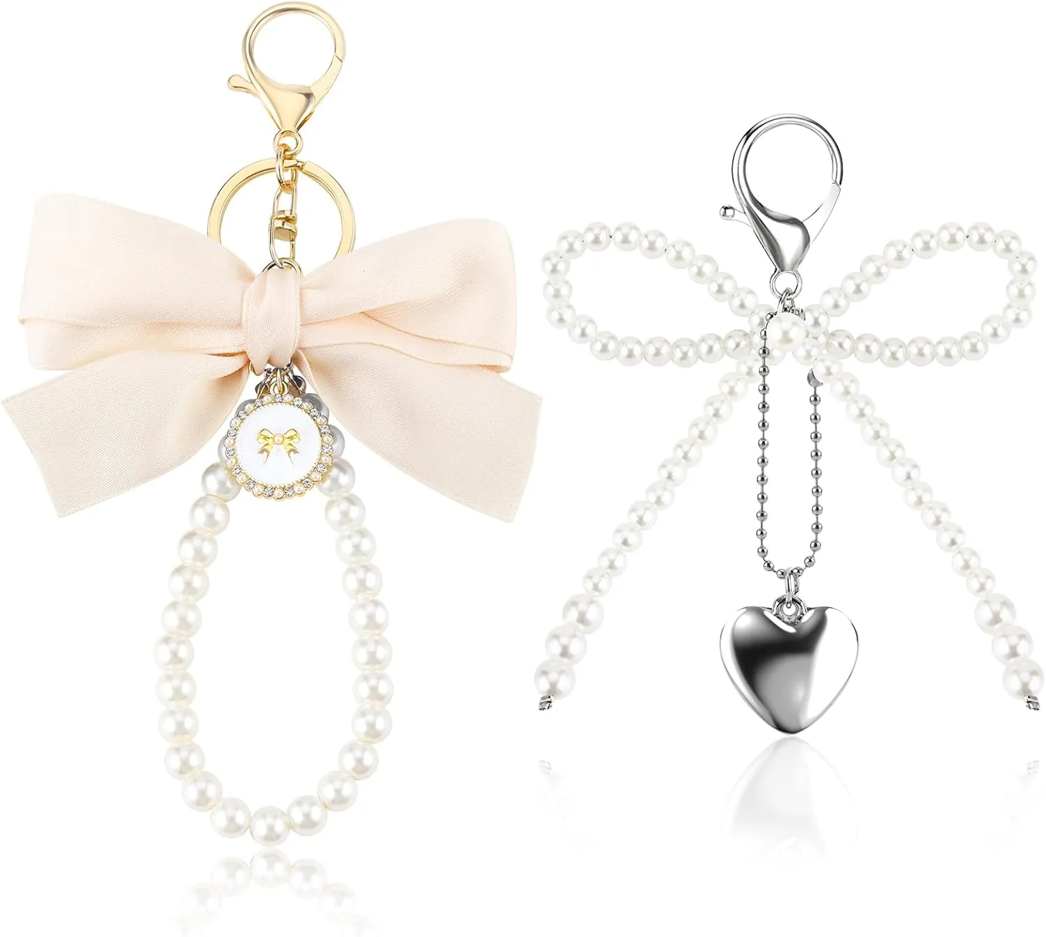 PLwelth Bow Pearl Keychain Cute Heart Pearl Wristlet Keychain for Women Girls Personalized Bowknot Keyring for Car Backpack Purse Charms Accessories Gifts for Her Birthday Christmas(Pearl and Beige)