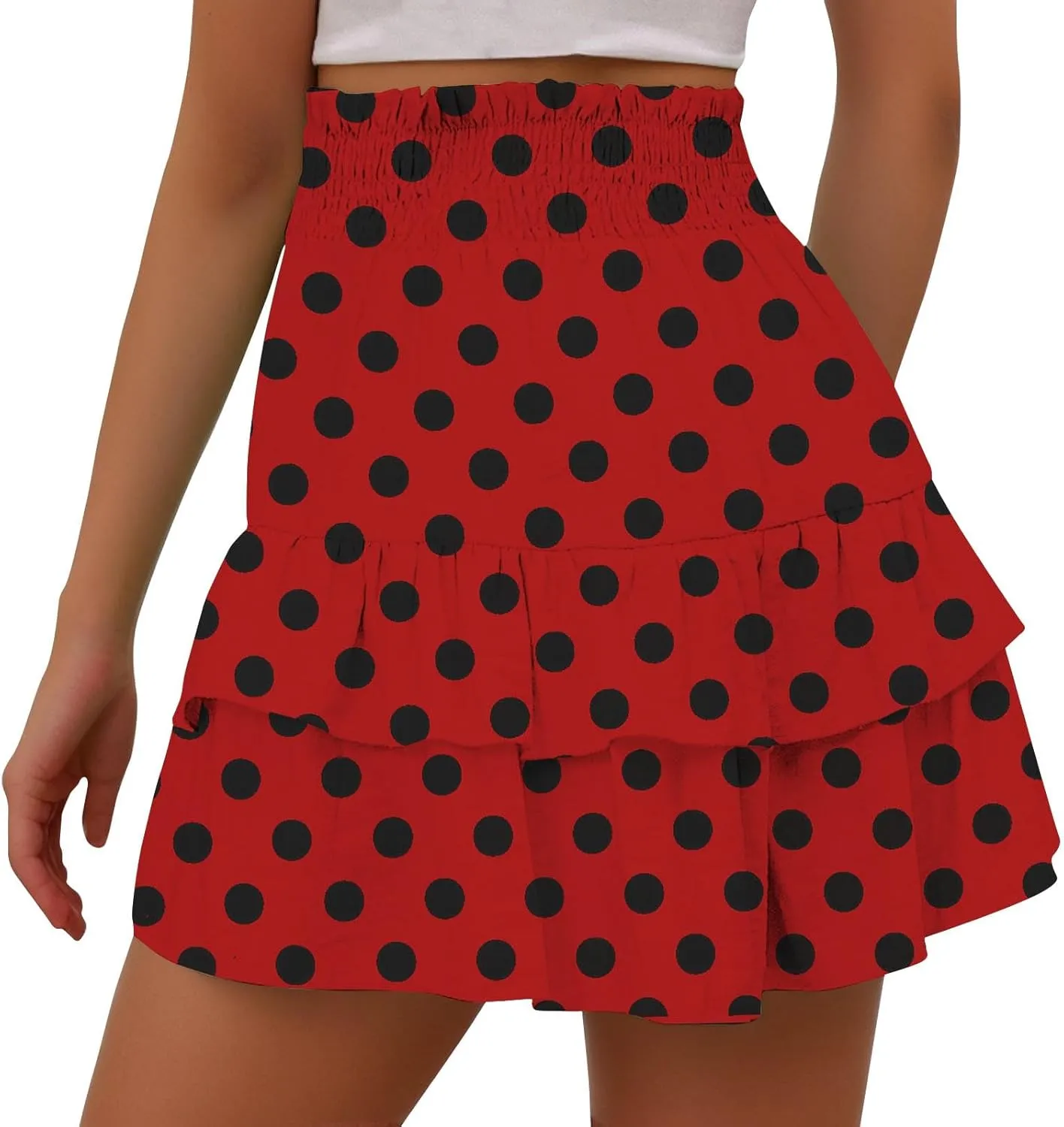 Polka Dot Ruffle Shorts Skirt, Womens High Waist Elastic Waistband Layered Mini Skort Casual Summer Fashion Pants Skirt