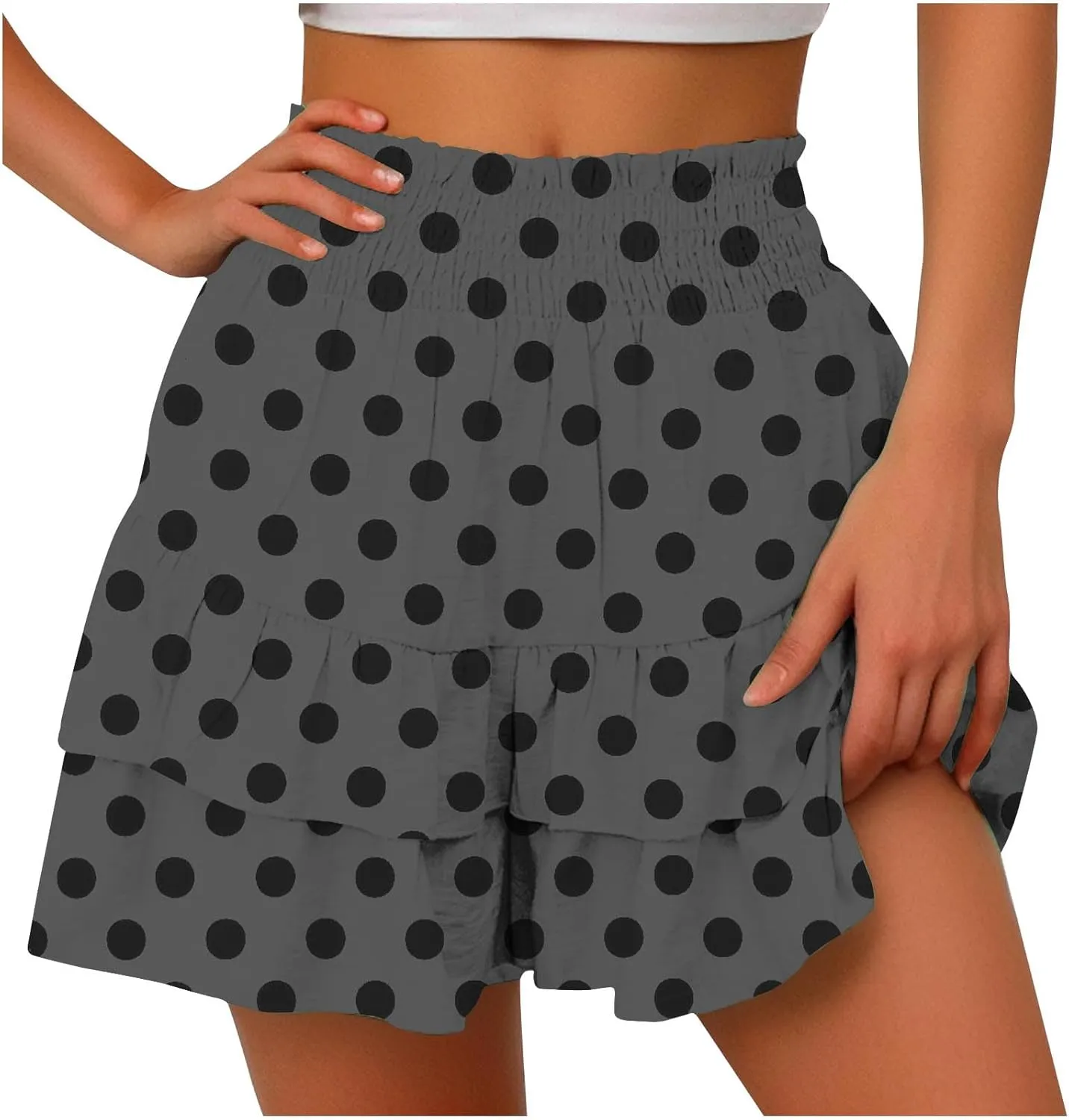 Polka Dot Ruffle Shorts Skirt, Womens High Waist Elastic Waistband Layered Mini Skort Casual Summer Fashion Pants Skirt