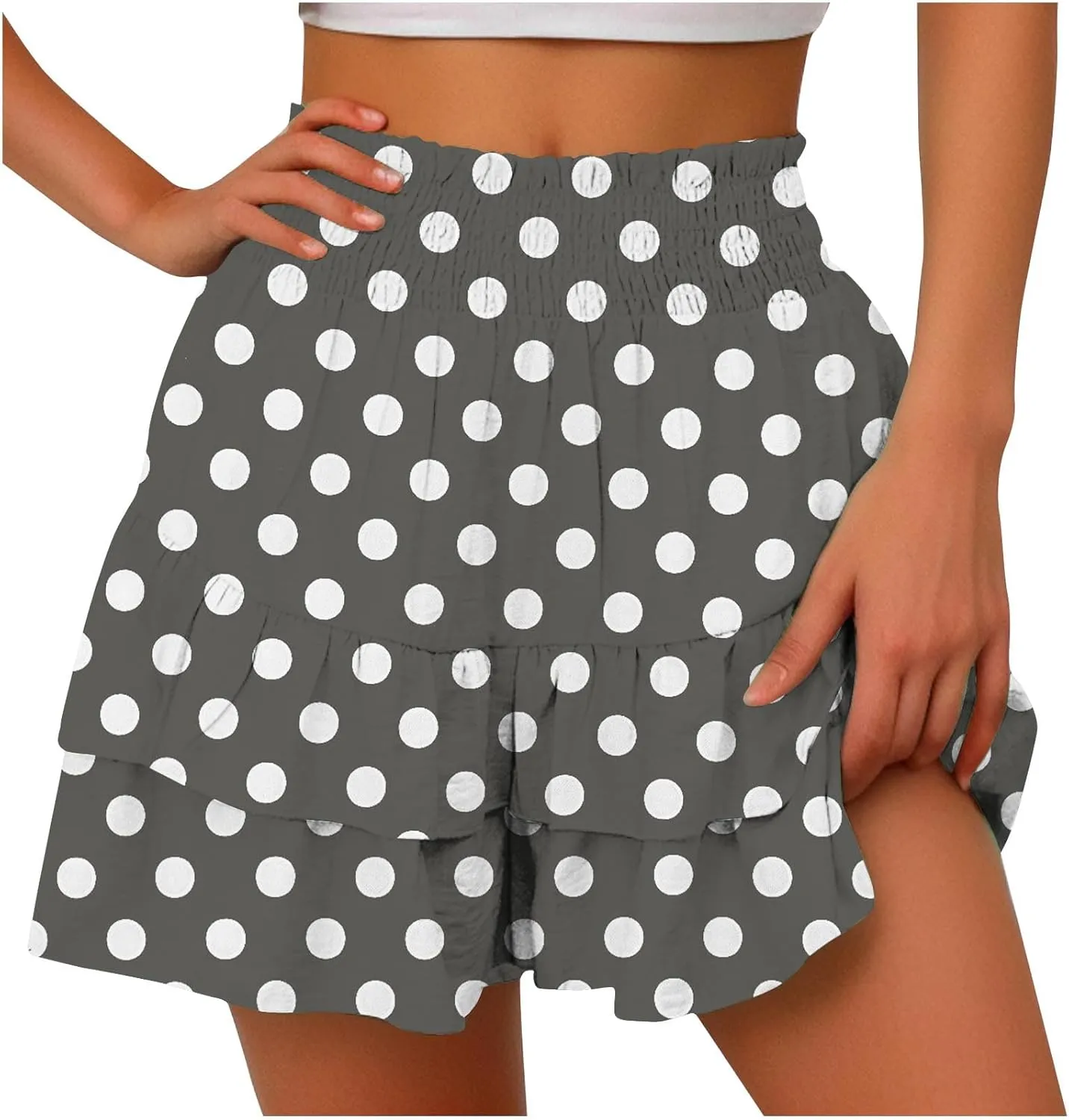 Polka Dot Ruffle Shorts Skirt, Womens High Waist Elastic Waistband Layered Mini Skort Casual Summer Fashion Pants Skirt