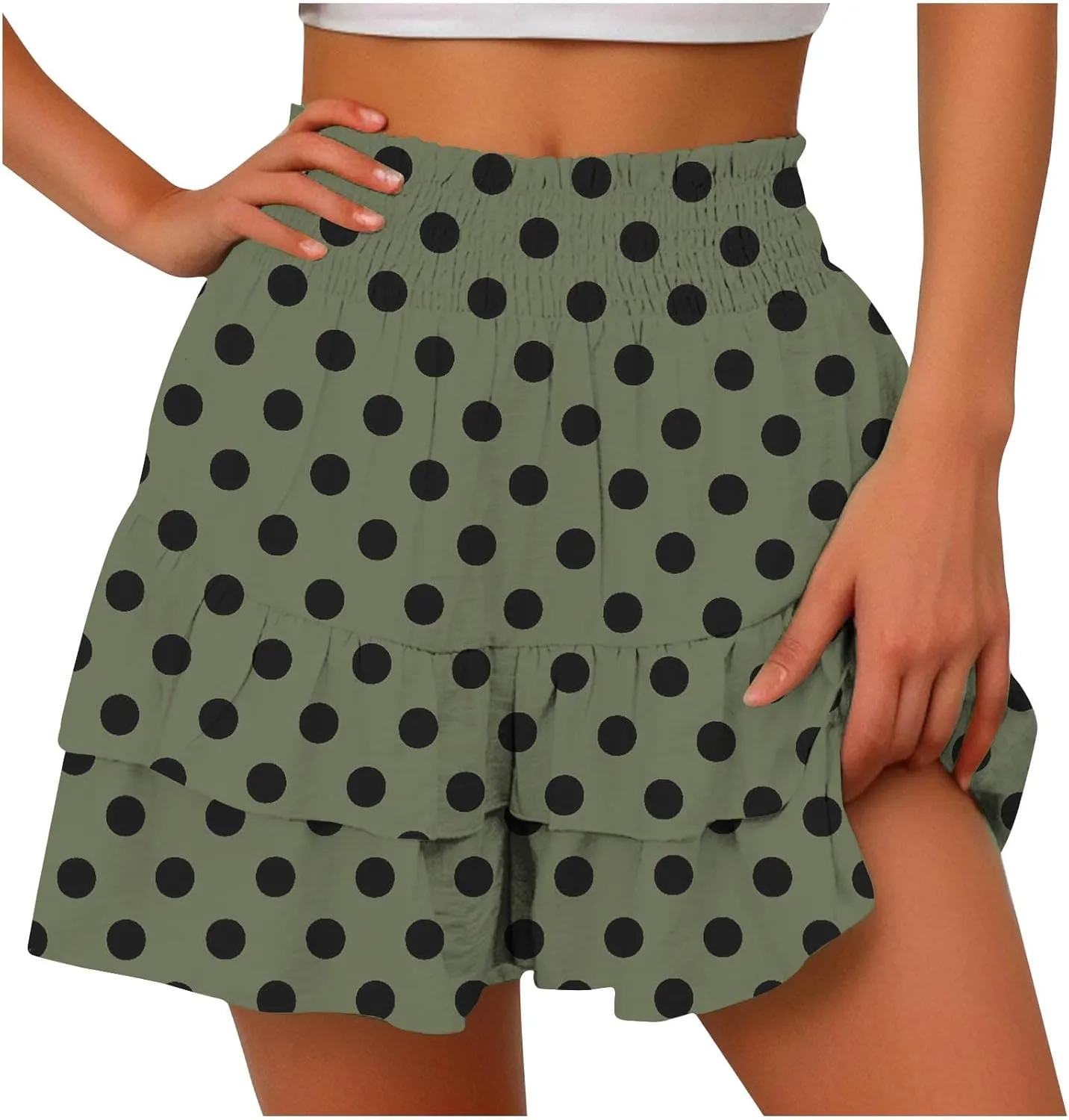 Polka Dot Ruffle Shorts Skirt, Womens High Waist Elastic Waistband Layered Mini Skort Casual Summer Fashion Pants Skirt
