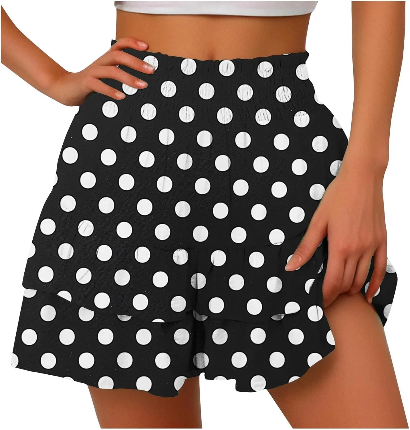 Polka Dot Ruffle Shorts Skirt, Womens High Waist Elastic Waistband Layered Mini Skort Casual Summer Fashion Pants Skirt