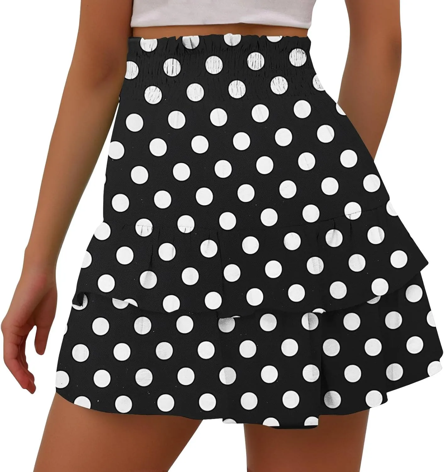 Polka Dot Ruffle Shorts Skirt, Womens High Waist Elastic Waistband Layered Mini Skort Casual Summer Fashion Pants Skirt