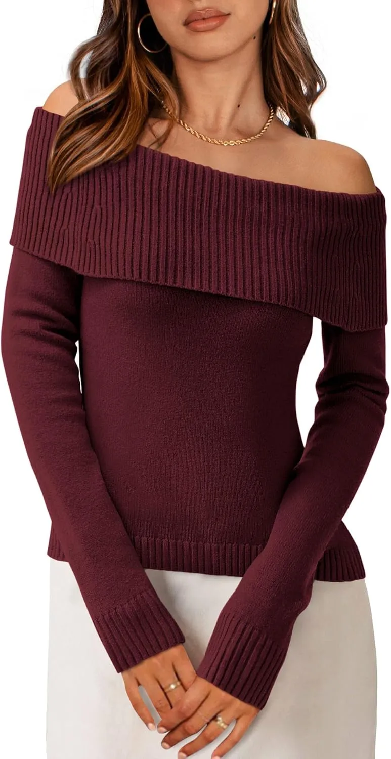 PRETTYGARDEN Women's Fall Off Shoulder Sweaters Y2K Long Sleeve Ribbed Knit Fitted Pullover Winter Date Night Tops Blouse