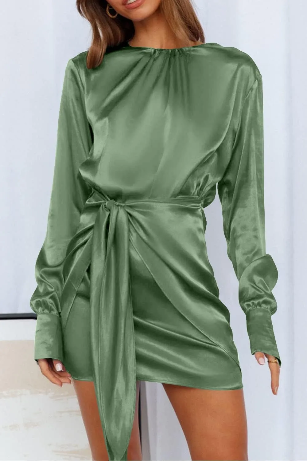 PRETTYGARDEN Women's Spring Satin Dress Long Sleeve Tie Waist Elegant Cocktail Party Mini Fall Dresses