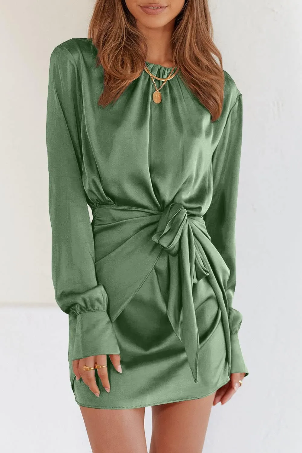 PRETTYGARDEN Women's Spring Satin Dress Long Sleeve Tie Waist Elegant Cocktail Party Mini Fall Dresses