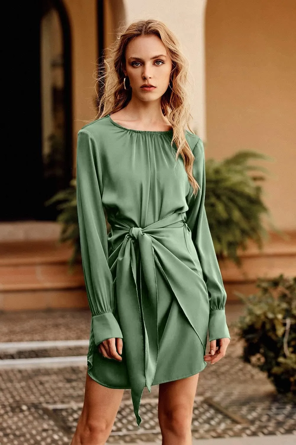PRETTYGARDEN Women's Spring Satin Dress Long Sleeve Tie Waist Elegant Cocktail Party Mini Fall Dresses