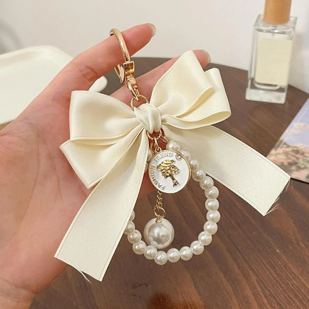 QUROXO Pink Bow Pearl Chain Keychain, Cute Bowknot Key Ring, Keychains Wristlet for Women Bag Pendant