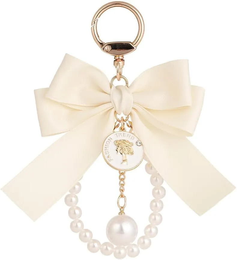 QUROXO Pink Bow Pearl Chain Keychain, Cute Bowknot Key Ring, Keychains Wristlet for Women Bag Pendant