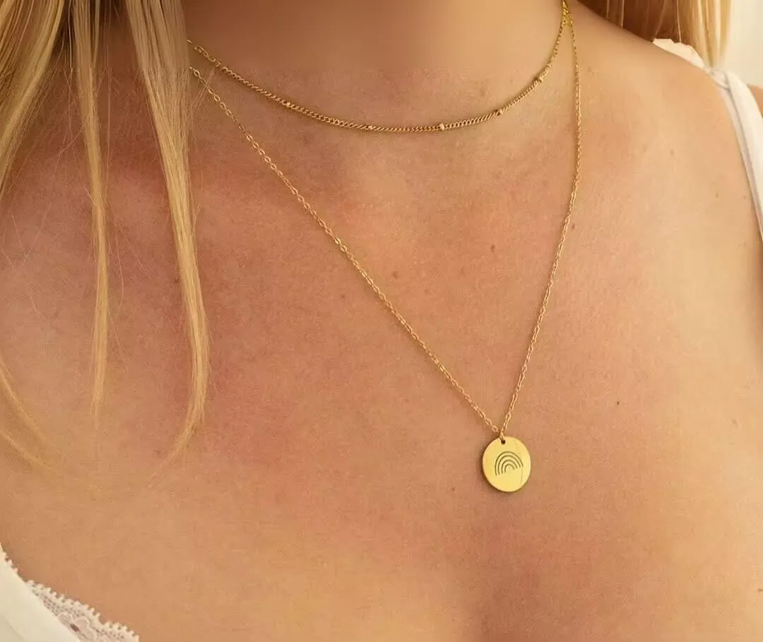 Rainbow Initial Necklaces, 14K Gold Plated Disc Coin Letter Necklace Hand Stamped Rainbow Bridge Pendant Charm Necklaces for Women