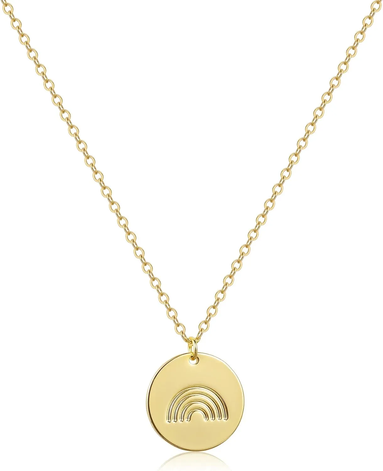 Rainbow Initial Necklaces, 14K Gold Plated Disc Coin Letter Necklace Hand Stamped Rainbow Bridge Pendant Charm Necklaces for Women