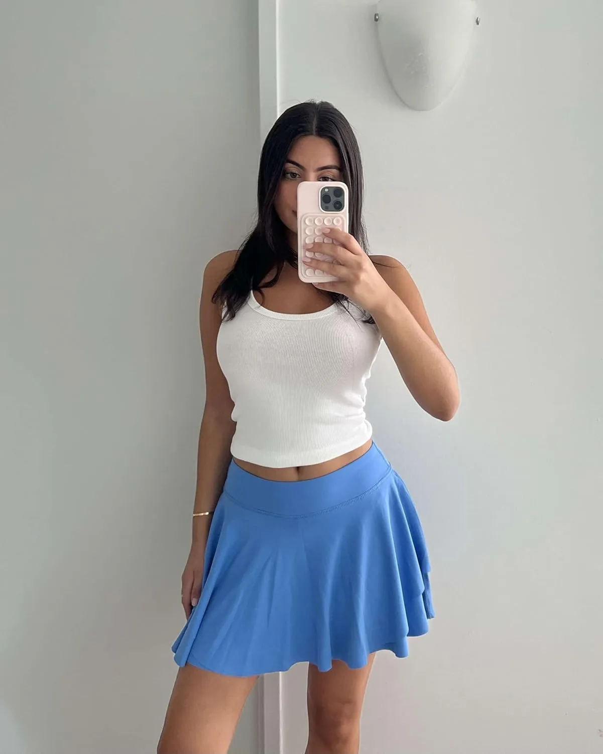 Real Essentials 3 Pack: Women's 14" Layered Ruffle Flowy Tennis Golf Skorts Pockets Pleated Mini Skirt Athletic Liner Shorts