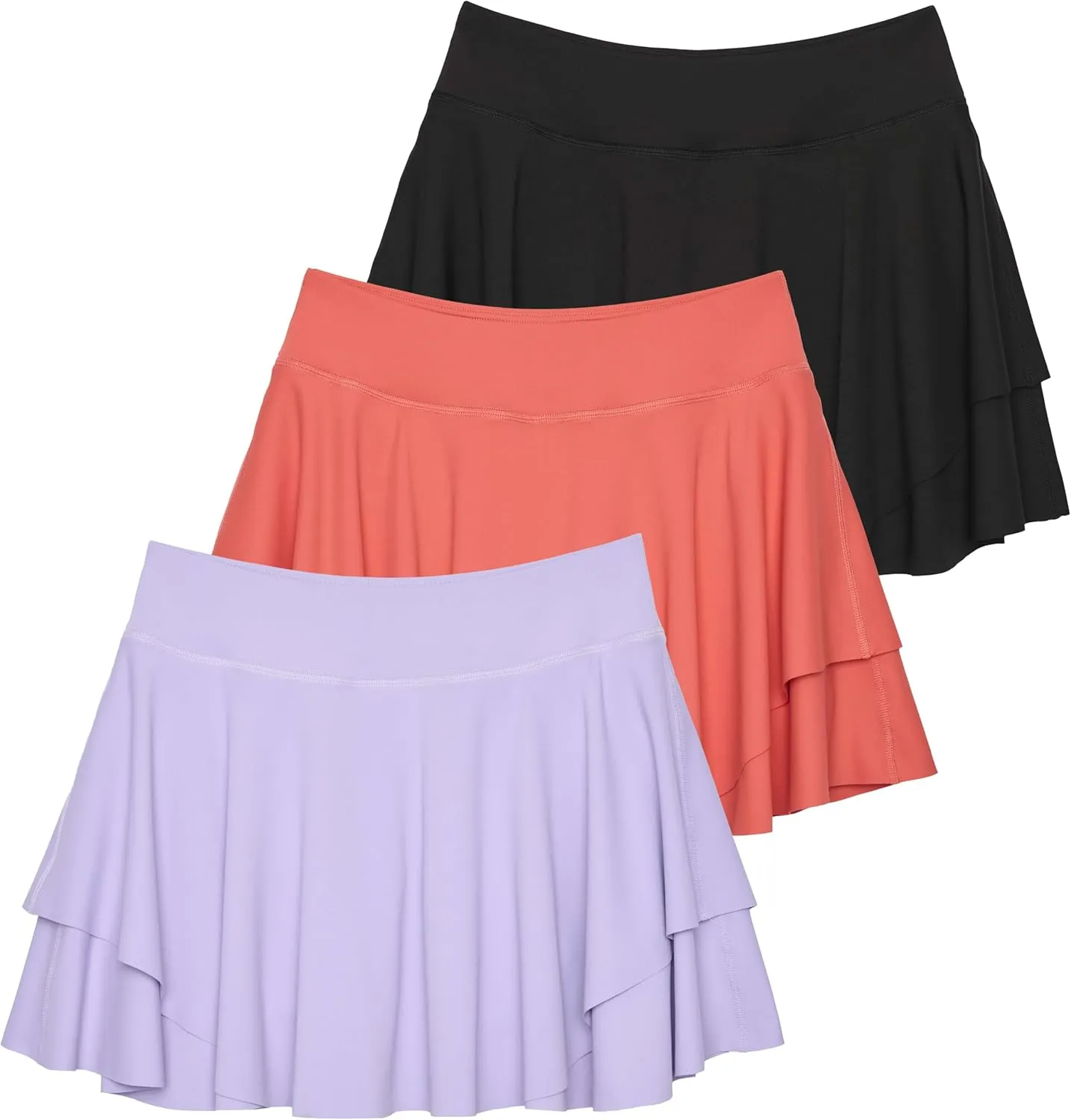 Real Essentials 3 Pack: Women's 14" Layered Ruffle Flowy Tennis Golf Skorts Pockets Pleated Mini Skirt Athletic Liner Shorts