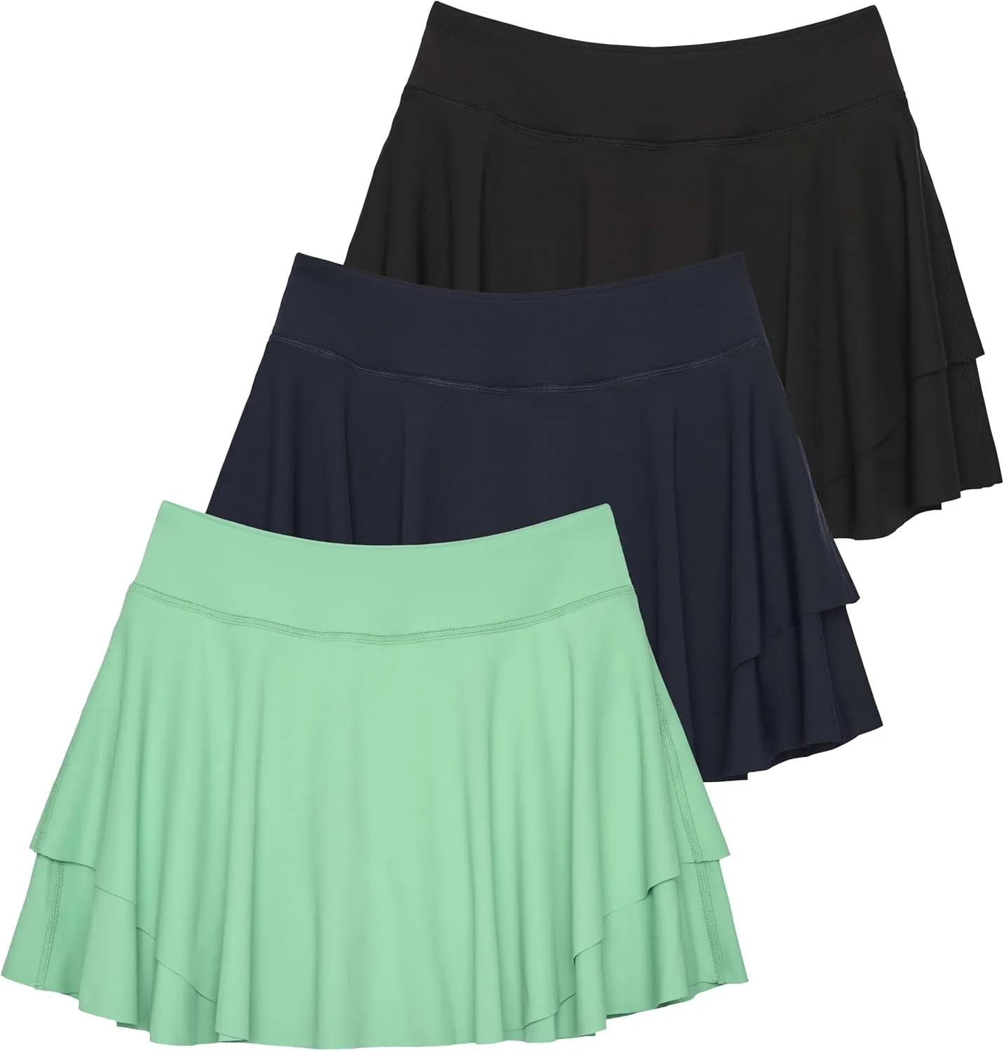 Real Essentials 3 Pack: Women's 14" Layered Ruffle Flowy Tennis Golf Skorts Pockets Pleated Mini Skirt Athletic Liner Shorts