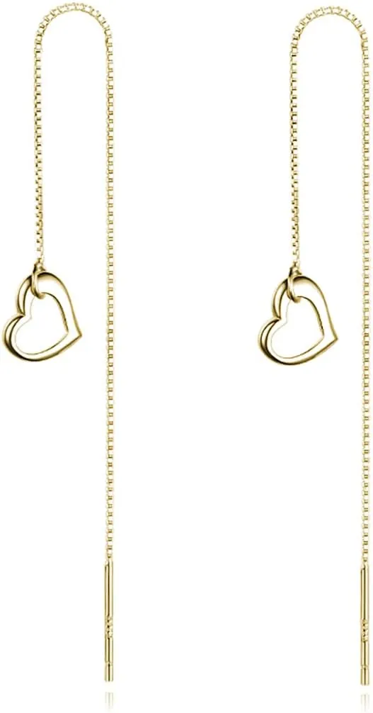 Reffeer Solid 925 Sterling Silver Love Heart Chain Dangle Earrings Drops for Women Teens Heart Tassel Dangle Earrings Threader