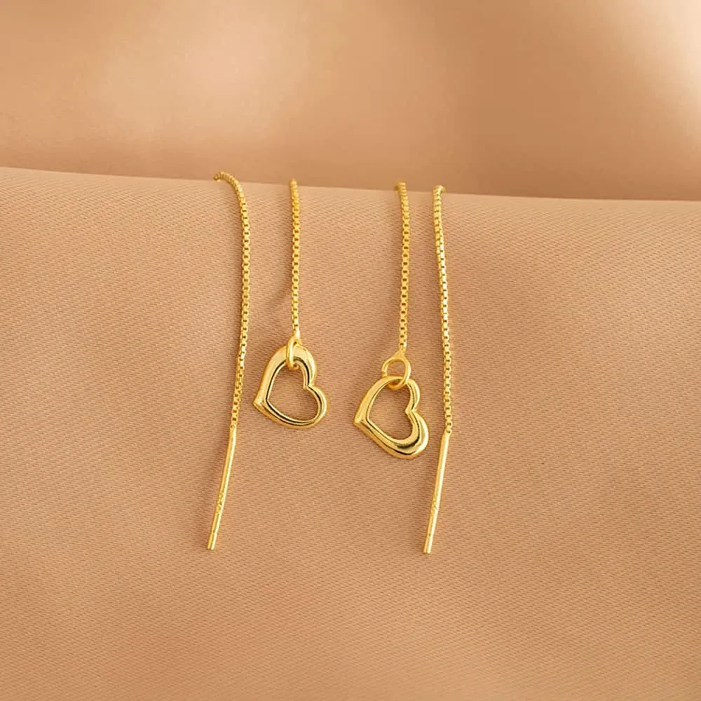 Reffeer Solid 925 Sterling Silver Love Heart Chain Dangle Earrings Drops for Women Teens Heart Tassel Dangle Earrings Threader
