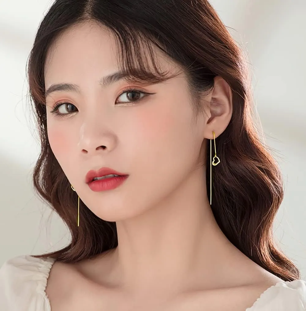 Reffeer Solid 925 Sterling Silver Love Heart Chain Dangle Earrings Drops for Women Teens Heart Tassel Dangle Earrings Threader