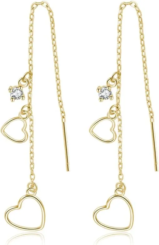 Reffeer Solid 925 Sterling Silver Love Heart Dangle Earrings Chain for Women Teens Heart Tassel Dangle Earrings Drops Threader