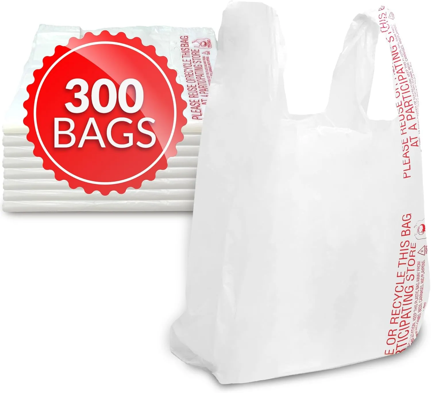 Reli. T-Shirt Bags (300 Count) Plastic Bags - Bulk Grocery & Shopping - White T-Shirt Sacks in Bulk (11.5" x 6.5" x 21")