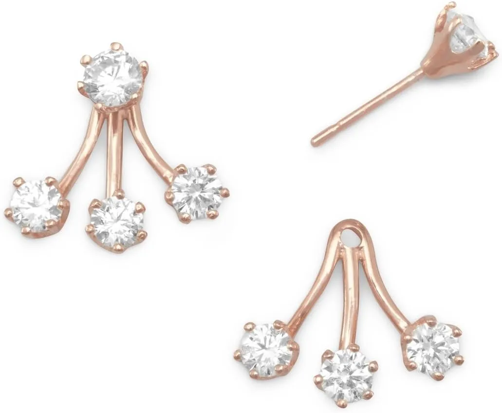 Removable 3-stone Drop Stud Earrings Rose Gold-plated Silver Cubic Zirconia
