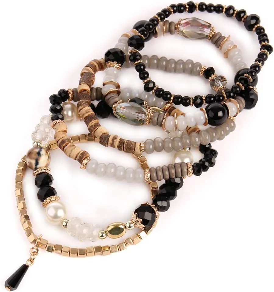RIAH FASHION Bead Multi Layer Versatile Statement Bracelets - Stackable Beaded Strand Stretch Bangles Sparkly Crystal Mix, Tassel Charm
