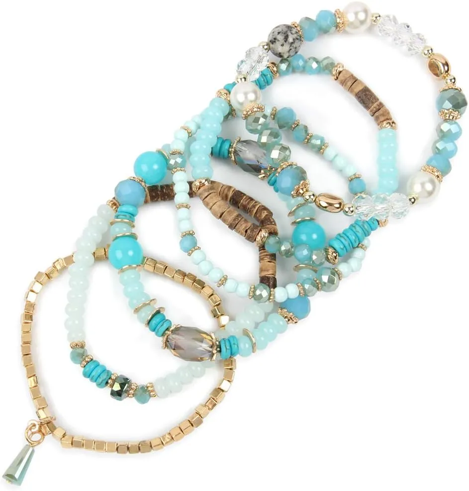 RIAH FASHION Bead Multi Layer Versatile Statement Bracelets - Stackable Beaded Strand Stretch Bangles Sparkly Crystal Mix, Tassel Charm