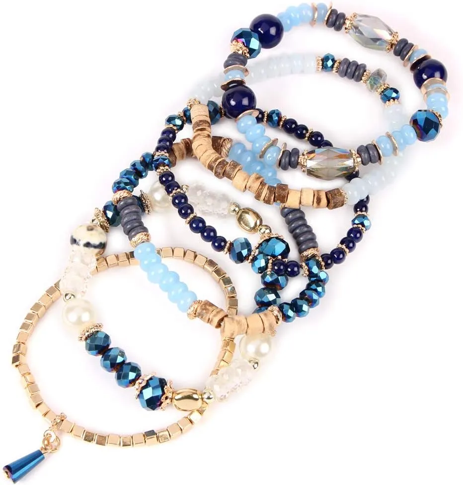 RIAH FASHION Bead Multi Layer Versatile Statement Bracelets - Stackable Beaded Strand Stretch Bangles Sparkly Crystal Mix, Tassel Charm