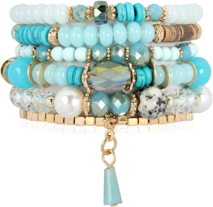 RIAH FASHION Bead Multi Layer Versatile Statement Bracelets - Stackable Beaded Strand Stretch Bangles Sparkly Crystal Mix, Tassel Charm