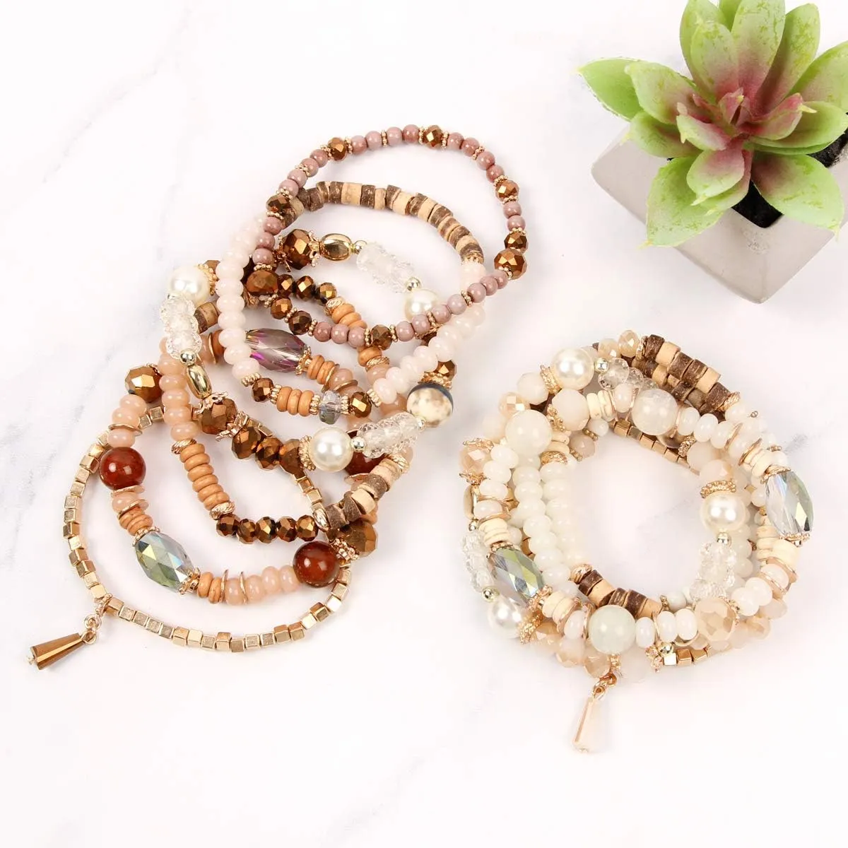 RIAH FASHION Bead Multi Layer Versatile Statement Bracelets - Stackable Beaded Strand Stretch Bangles Sparkly Crystal Mix, Tassel Charm