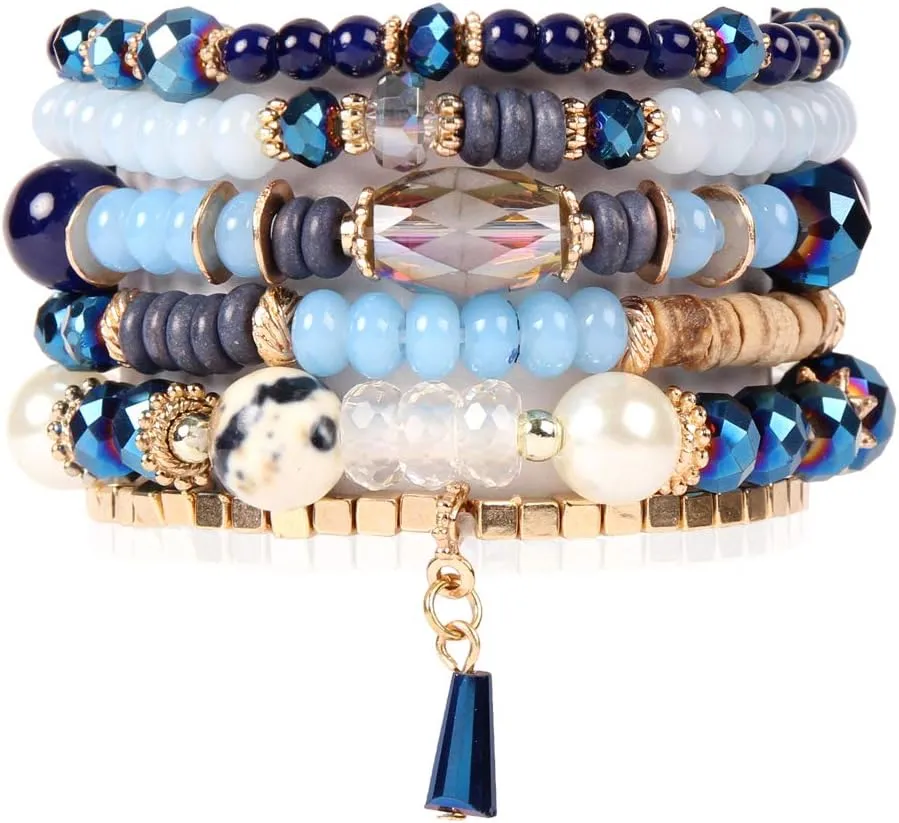 RIAH FASHION Bead Multi Layer Versatile Statement Bracelets - Stackable Beaded Strand Stretch Bangles Sparkly Crystal Mix, Tassel Charm