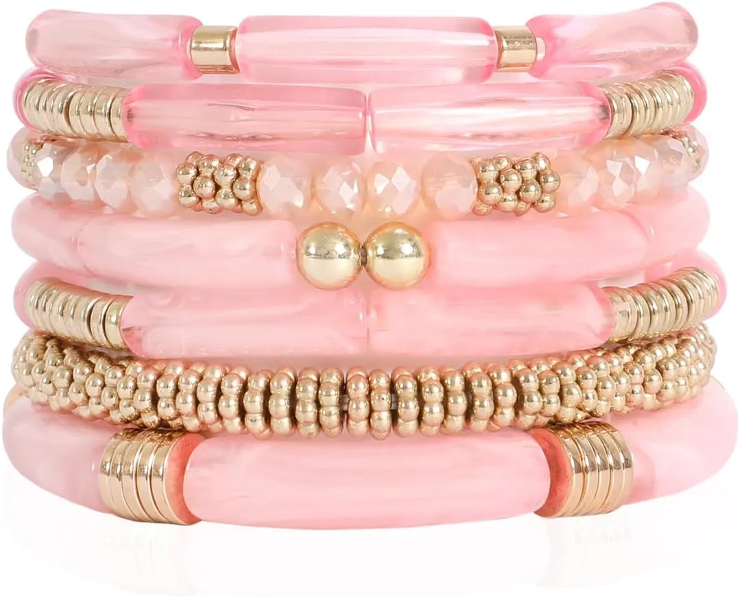 RIAH FASHION Bohemian Bead Multi Layer Versatile Statement Bracelets - Tubular Charm, Sparkly Crystal Stackable Stretch Bangles