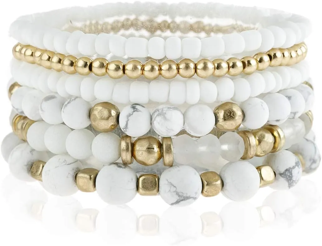 RIAH FASHION Bohemian Beaded Multi Layer Versatile Statement Bracelets - Natural Stone Stackable Stretch Strand Bangles