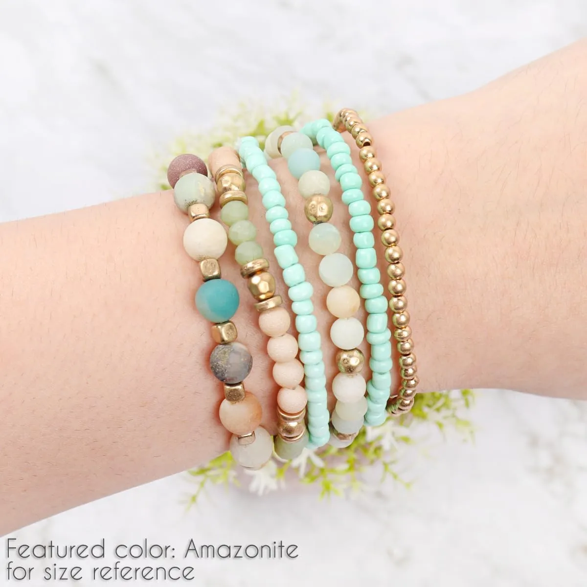 RIAH FASHION Bohemian Beaded Multi Layer Versatile Statement Bracelets - Natural Stone Stackable Stretch Strand Bangles