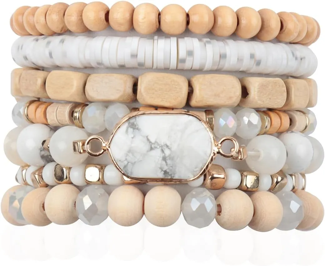 RIAH FASHION Bohemian Beaded Multi Layer Versatile Statement Bracelets - Natural Stone Wood Rondelle Bead Mix Stretch Bangles
