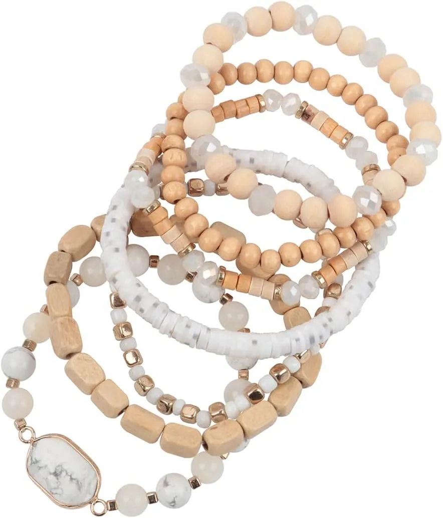 RIAH FASHION Bohemian Beaded Multi Layer Versatile Statement Bracelets - Natural Stone Wood Rondelle Bead Mix Stretch Bangles