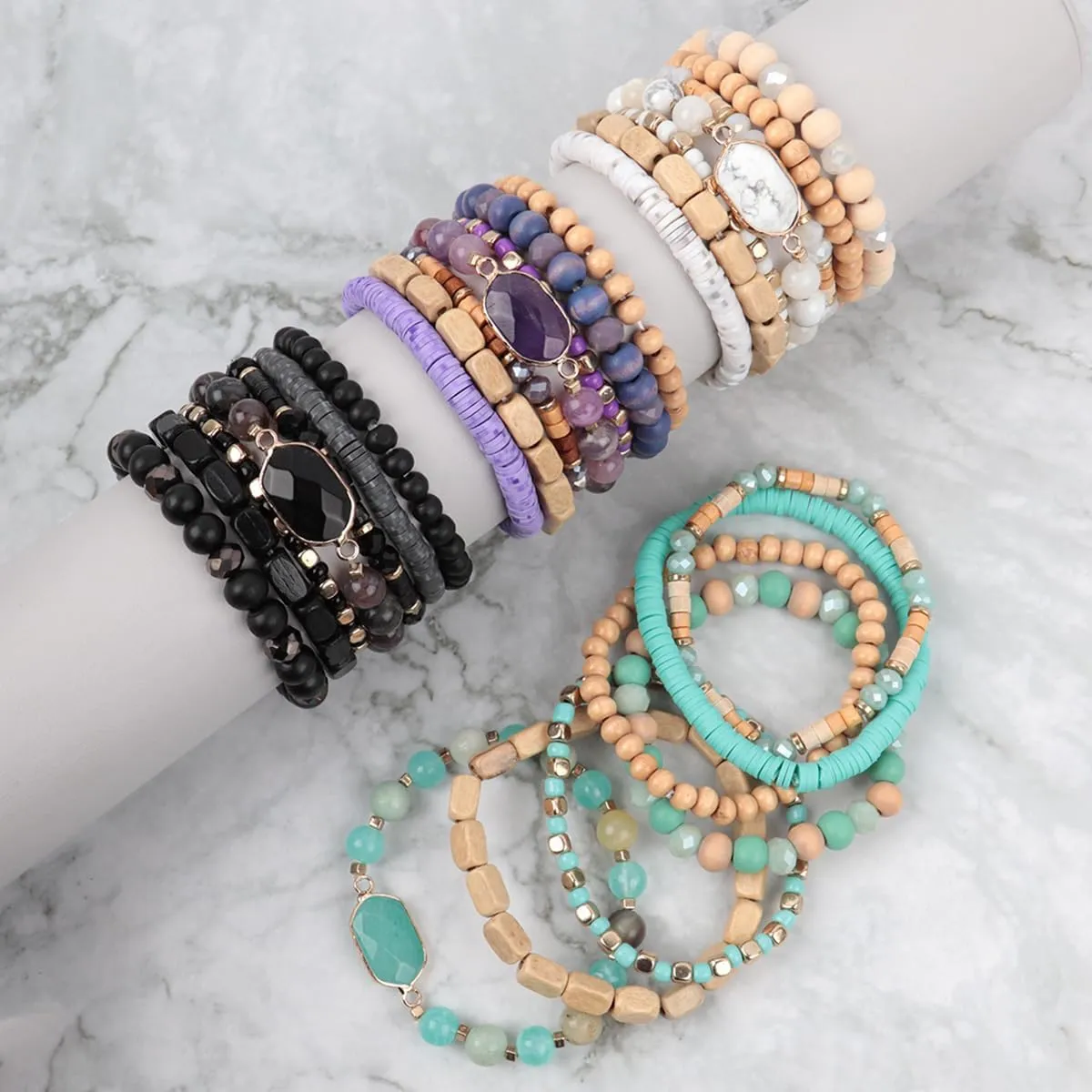 RIAH FASHION Bohemian Beaded Multi Layer Versatile Statement Bracelets - Natural Stone Wood Rondelle Bead Mix Stretch Bangles