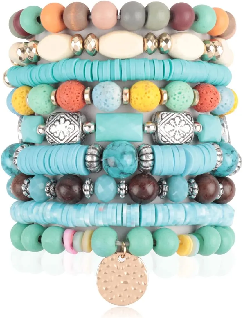 RIAH FASHION Bohemian Beaded Multi Layer Versatile Statement Bracelets - Stackable Stretch Strand Cuff Bangles Sparkly Crystal, Wood Beads