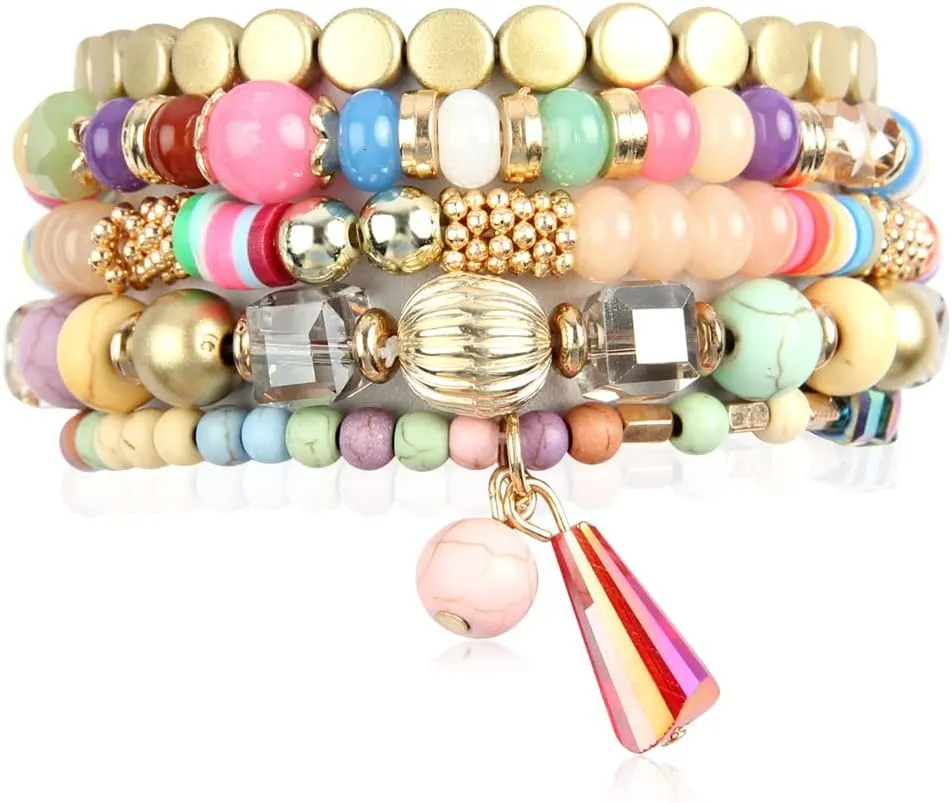 RIAH FASHION Bohemian Mix Bead Multi Layer Versatile Statement Bracelets - Stackable Beaded Strand Stretch Bangles Sparkly Crystal, Tassel Charm